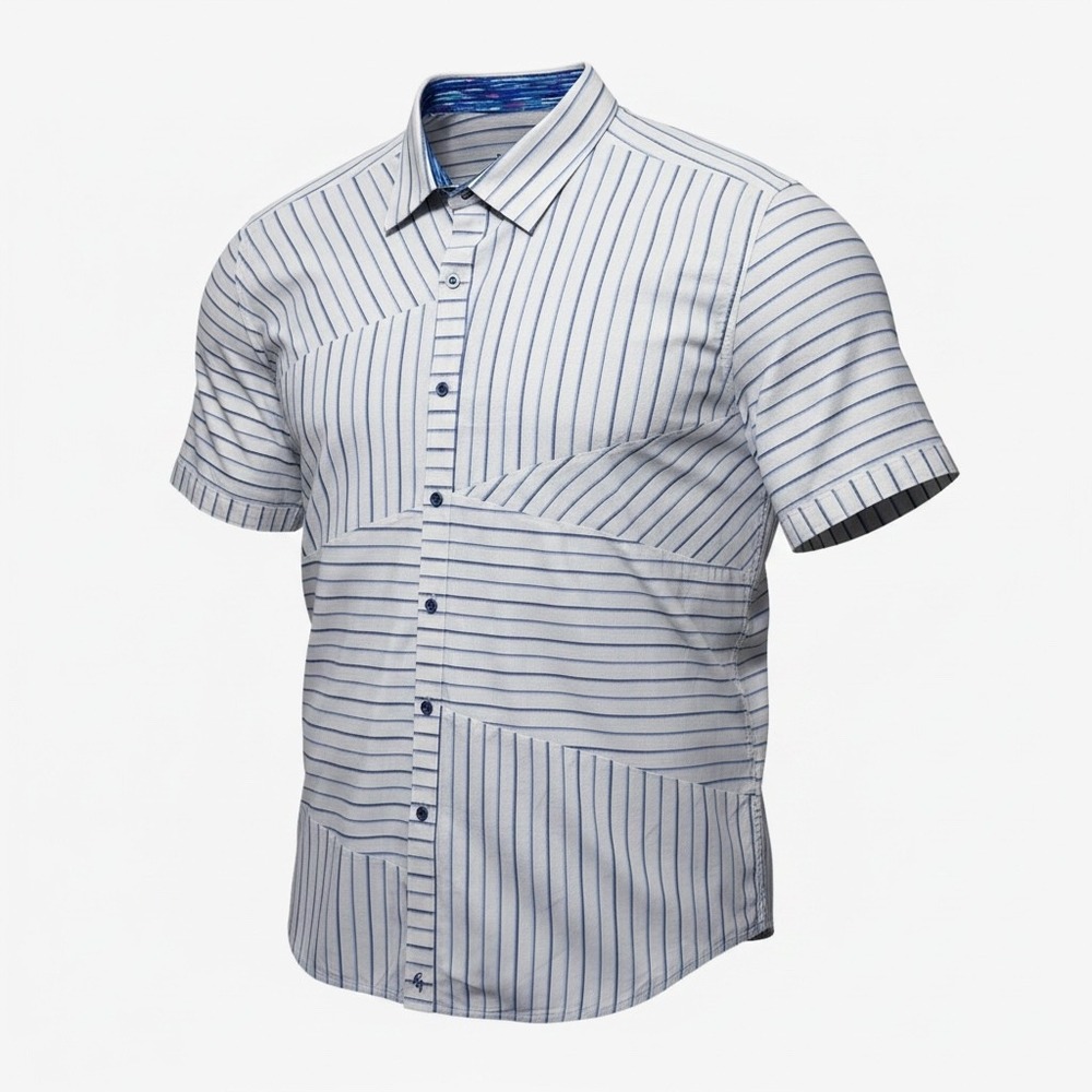 Robert Graham Mens White Blue Striped Patchwork Short Sleeve Button Down Shirt